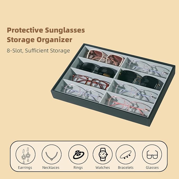 XHMQYC Glasses Holder Box Drawer Sunglass Organizer for Men Clear Wide Storage Case 8 Slots Multiple Reading Glasses Display, Black Leather