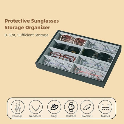 XHMQYC Glasses Holder Box Drawer Sunglass Organizer for Men Clear Wide Storage Case 8 Slots Multiple Reading Glasses Display, Black Leather