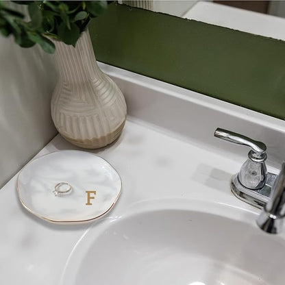 VINCOMIC Initials Ring Dish Jewery Tray with Personalized F-Monogrammed Gifts Wedding Engagement for Women Friends Sister,Ceramic White