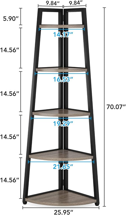 Tribesigns 70 inch Tall Corner Shelf, 5 Tier Industrial Corner Bookshelf Bookcase Industrial Corner Ladder Shelf Plant Stand for Living Room, Kitchen, Home Office (Grey)