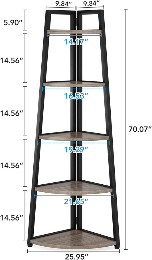 Tribesigns 70 inch Tall Corner Shelf, 5 Tier Industrial Corner Bookshelf Bookcase Industrial Corner Ladder Shelf Plant Stand for Living Room, Kitchen, Home Office (Grey)