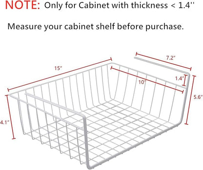 Tebery 2 Pack White Under Shelf Wire Basket Hanging Storage Baskets, Under Cabinet Add-on Storage Racks Slide-in Baskets Organizer for Kitchen Pantry Desk Bookshelf