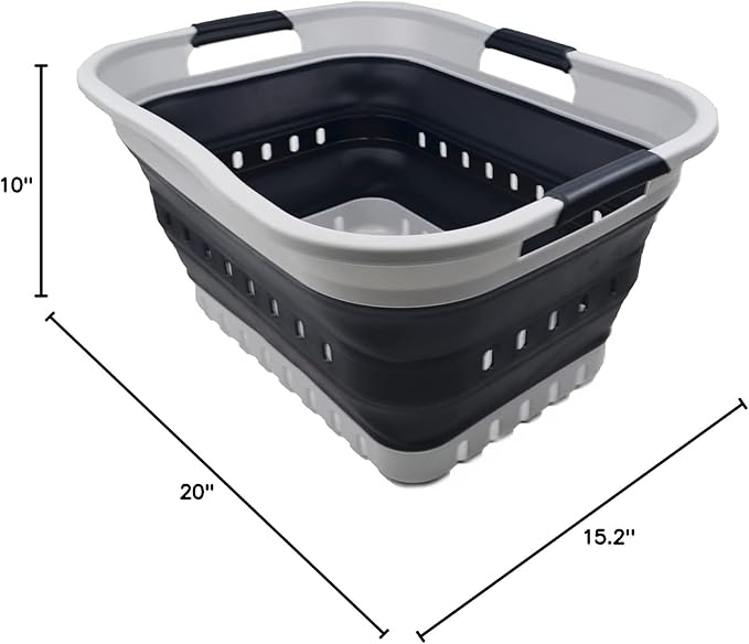SAMMART 30L (8 gallon) Collapsible 3 Handled Plastic Laundry Basket - Foldable Pop Up Storage Container/Organizer - Portable Washing Tub - Space Saving Hamper/Basket (Grey/Slate Grey)