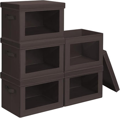 Stackable Storage Bins with Lids - Large Decorative Basket with Lids, Fabric Foldable Closet Organizer Bins, Shelf Organizer for Living Room, Dorm, 5 Pack, Brown