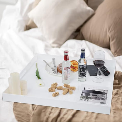 Acrylic Serving Tray with Handles Extra Large Ottoman Tray Decorative Tray (24×24 Inch, Glossy White)
