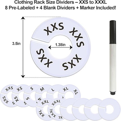 13 Pcs Clothing Rack Size Dividers Round White Plastic Size Markers for Clothing Rack Pre-Labeled (XXS-XXXL) & Blank Dividers & Erasable Pen for Closet, Retail Store, Wardrobe