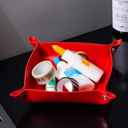 SANQIANWAN Leather Jewelry Valet Tray for Women and Man, Portable Entryway Table Tray Bedside Nightstand Desk Tray Small Catchall Travel Dish Plate for Key,Wallet,Watch,Coin (Red-B)