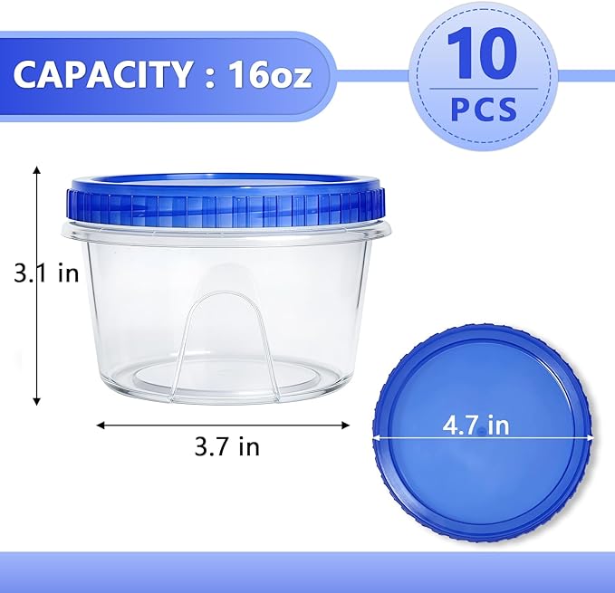 Slomg 10 Pack 16 oz Freezer Storage Containers with Twist Top Lids, Small Plastic Food Storage Soup Meal Prep Containers, Leakproof Overnight Quart Containers for Lunch Leftover Fruit Salad Oat