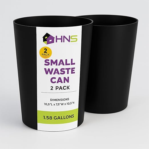 Mini Waste Basket - Pack of 2 Durable Small Plastic Garbage Trash Can Bin - Lidless Open-Top, Slim Profile for Compact Spaces - Suitable for Home, Bathroom, Office, Bedroom & More, Black