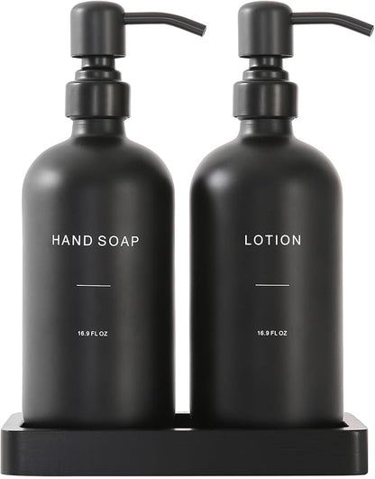 Prus Waso Black Soap Dispenser Bathroom Set, Soap and Lotion Dispenser Set with Stainless Steel Pump, Perfect for Bathroom Decor. (Black)