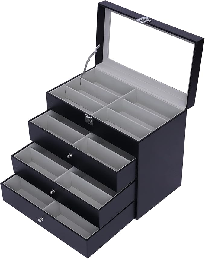 DouSeiAi 4 Layer Sunglasses Organizer, 24 grids of Glasses Sunglasses Storage Box, lockable Eyewear Display Case with Drawer (Black)