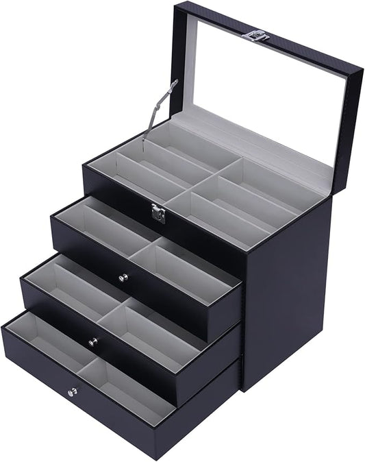 DouSeiAi 4 Layer Sunglasses Organizer, 24 grids of Glasses Sunglasses Storage Box, lockable Eyewear Display Case with Drawer (Black)