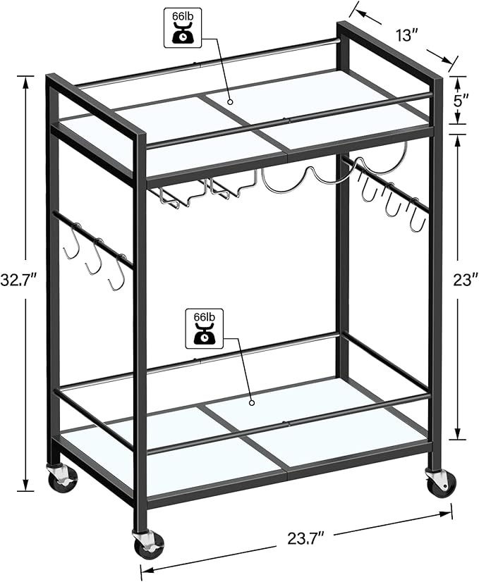 TUTOTAK Bar Cart, Serving Cart - for Home, Microwave Cart, Drink Cart, Mobile Kitchen Shelf with Wine Rack and Glass Holder, Rolling Beverage Cart, Black BC01BK031