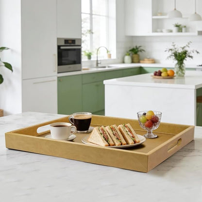 20 * 14 inches Leather Rectangle Serving Tray with Hole Handles,High-End Light Large Service Tray for Ottoman Tray, Tea, Food, Butler - Countertop, Kitchen,Family Dinner, Picnic (Brown)