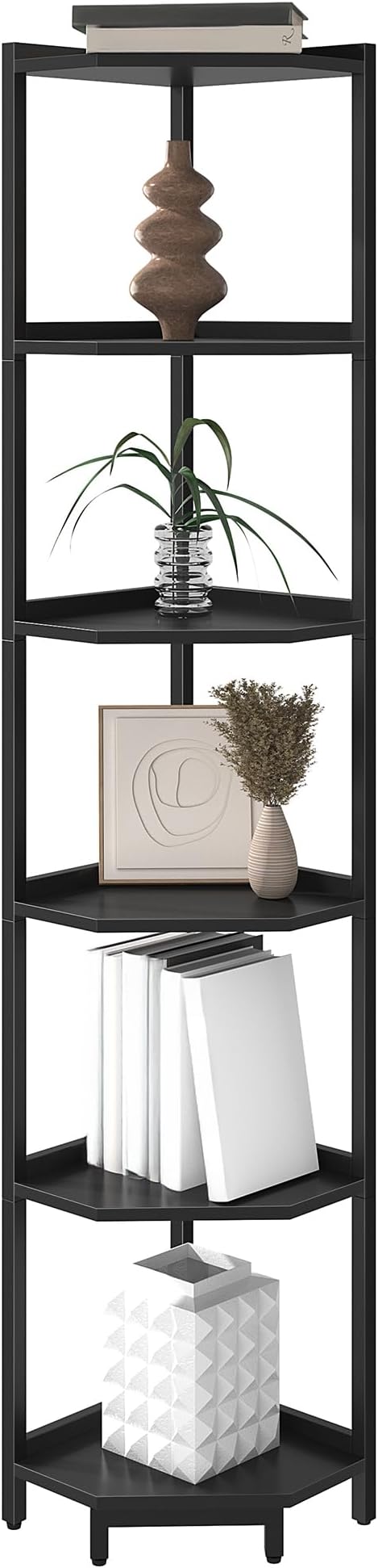 Corner Shelf Stand, Corner Bookshelf, Storage Standing Shelf Unit with Metal Frame, Plant Stand, Corner Bookcase for Living Room, Home Office, Bedroom, 6-Tier Black CS06006B