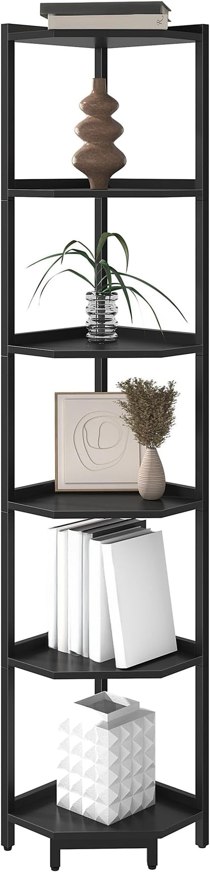 Corner Shelf Stand, Corner Bookshelf, Storage Standing Shelf Unit with Metal Frame, Plant Stand, Corner Bookcase for Living Room, Home Office, Bedroom, 6-Tier Black CS06006B