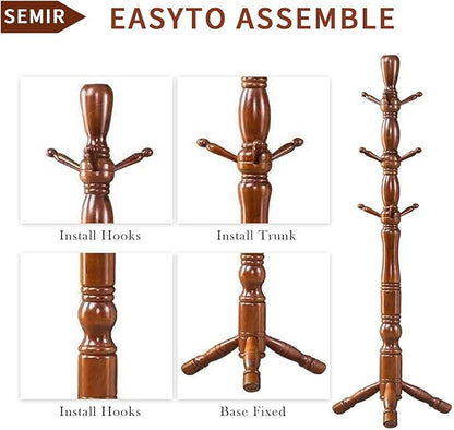 Wood Coat Rack Hall Tree, Stable Triangle Base Coat Tree with 3 Height Options and 9 Hooks, Vintage Coat Rack Freestanding for Hall Entryway, Bedroom and Home Office (Walnut)