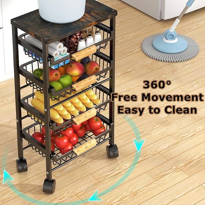 CarolynDesign 5 Tier Metal Wire Basket Cart on Wheels, Stackable Storage Bins for Kitchen, Living Room, Bedroom, Bathroom, Free Stand Vegetable Fruit Racks with Pull Out Drawers