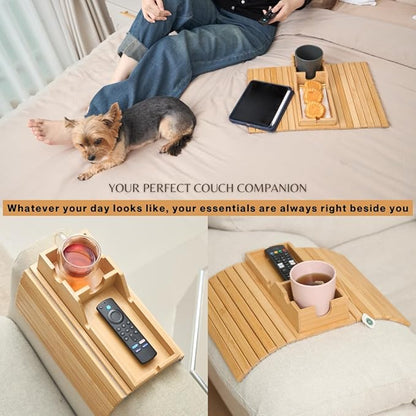 Couch Cup Holder Tray - Portable Sofa Arm Tray Table - Anti-Spill Armchair Caddy Couch Arm Table Snack Organizer with Removable Tray - Remote Control Holder Perfect for Cups, Snacks, Phone