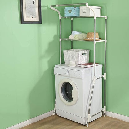 BAOYOUNI 2-Layer Over Washing Machine Storage Rack Utility Metal Bathroom Shelf 6-Hook Space Saver Width Adjustable Organization for Laundry Room Toilet (62-101cm, Ivory)