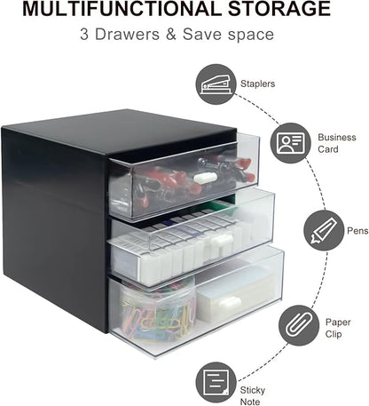 Desk Organizer with Drawer, Desk Storage Box, Plastic Office Stationery Supplies Organizers, Desktop Organizer for Office School Home (3 drawer, Black)