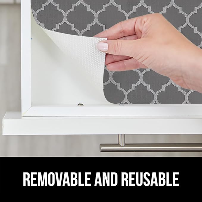 GORILLA GRIP DripGuard Shelf Liner, Non Adhesive Drawer and Kitchen Cabinet Protector, Slip Resistant BPA Free Smooth Surface Plastic Liners for Cabinets, Bathrooms, Closets, 17.5x120 Inch, White Gray