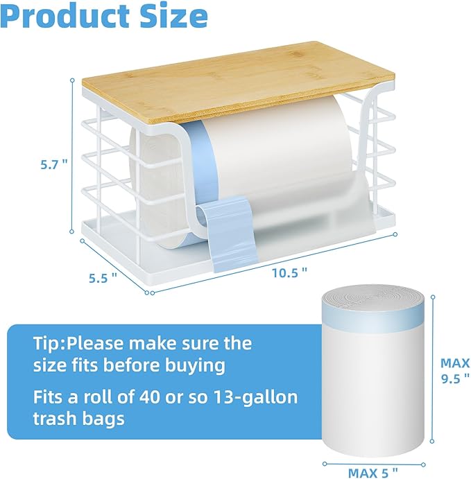 Trash Bag Holder Dispenser,Garbage Bag Holder Dispenser,Wall Mount Trash Garbage Bag Organizer Under Sink,Bamboo Lid Container for Laundry Room Kitchen and Pantry Organization and Storage,Standard