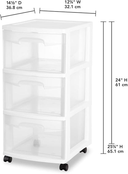 Sterilite 4 Pack Plastic Storage Organizer, 3 Drawer Rolling Bin Cart, Closet Organization, White