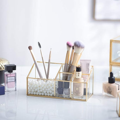 Golden Vintage Glass Box Clear Glass & Brass Metal Storage Jewelry and Cosmetic Makeup Brush Lipstick Holder Organizer Beauty Display with 5 Compartment