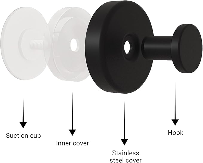 Welsa Suction Cup Hooks for Shower - 4 Pack, Matte Black - Stainless Steel, Strong Suction, No Drill, Removable Hanger, Tile Bathroom Kitchen Wall, Glass Door, Mirror Hook Hanging Robe, Towel Holder
