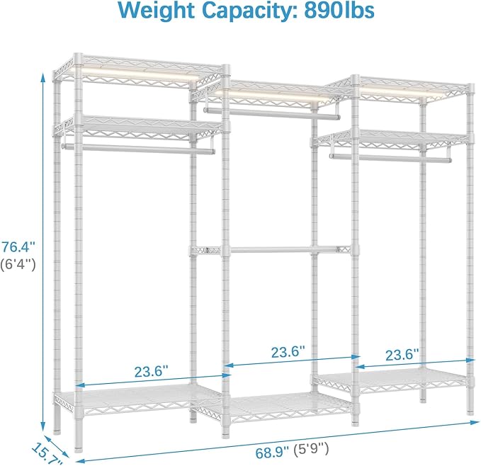 VIPEK V5L i1 Garment Rack Heavy Duty Clothes Rack with Dimmable LED Lights, 3000K Warm White, Metal Clothing Racks for Hanging Clothes, Large Freestanding Wardrobe Closet for Bedroom, White