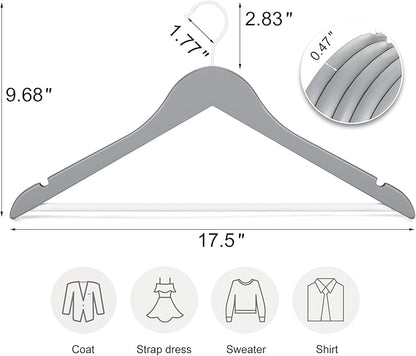 TOPIA HANGER Premium Wooden Hangers with Non-slip Pant Bar, 360°Swivel Hook and Shoulder Notches, 16 Pack Solid Wood Clothes Hangers for Suit, Coat, Jacket, Camisole(Grey/White)-CT35GW6