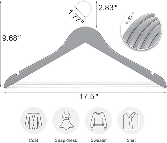 TOPIA HANGER Premium Wooden Hangers with Non-slip Pant Bar, 360°Swivel Hook and Shoulder Notches, 16 Pack Solid Wood Clothes Hangers for Suit, Coat, Jacket, Camisole(Grey/White)-CT35GW6