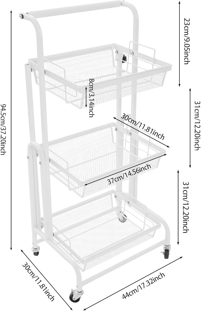 3 Tier Adjustable Storage Carts, Movable Utility Cart, Metal Rolling Cart, Multi-Functional Storage Trolley w/Wheels, Storage Shelves for Kitchen/Bathroom/Bedroom/Office (White)