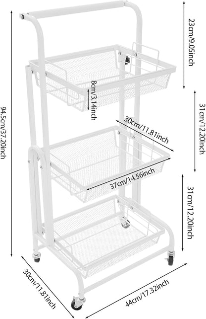 3 Tier Adjustable Storage Carts, Movable Utility Cart, Metal Rolling Cart, Multi-Functional Storage Trolley w/Wheels, Storage Shelves for Kitchen/Bathroom/Bedroom/Office (White)