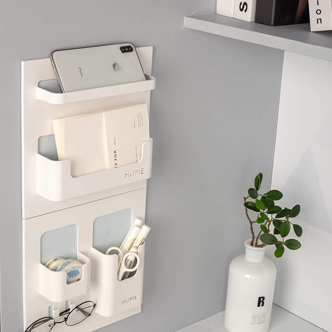 Bedside Shelf - Stick On Wall Mounted Bed Room,Dorm,Office Adhesive Floating Accessoies Caddy Organizer/Holder for Phone,Glasses,Remote Control,Keys,Pens - Plastic Material- White
