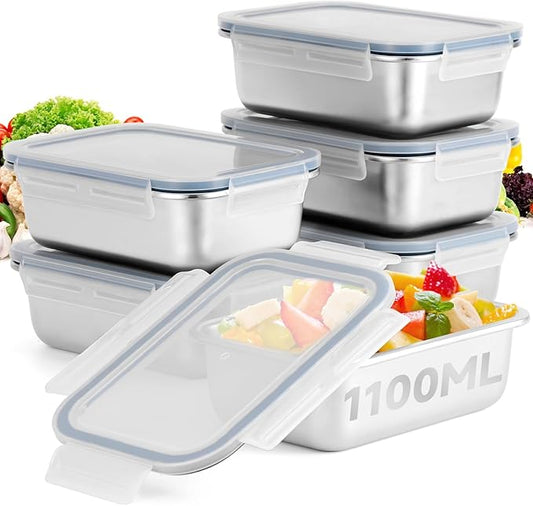 Cykorxicc 6-Piece 304 Stainless Steel Food Storage Containers with Lids, Leakproof & Airtight Bento Lunch Box, Oven/Freezer/Dishwasher Safe,Stackable Kitchen Storage Set