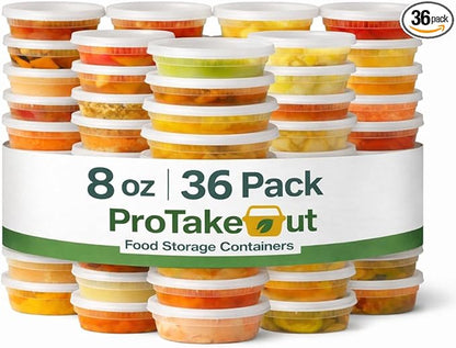 ProTakeOut 8oz [36 set] Heavy Duty Plastic Deli Container | BPA-Free Food Storage with Airtight Leak‑Proof Lids | Microwave, Freezer & Dishwasher Safe – Stackable, Bulk Reusable Soup & Meal Prep Tub
