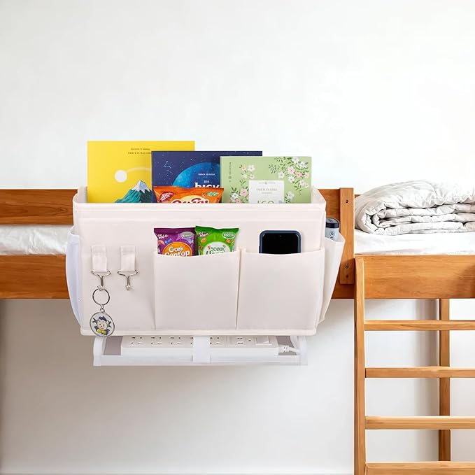 NINTHFIT Bedside Caddy for Dorm Bed Bedside Organizer, Bedside Storage with 10 Pockets and Power Strip Holder, Multifunctional Bedside Pocket for Home, College, Dorm, Bunk/Hospital/Crib Bed (Beige)
