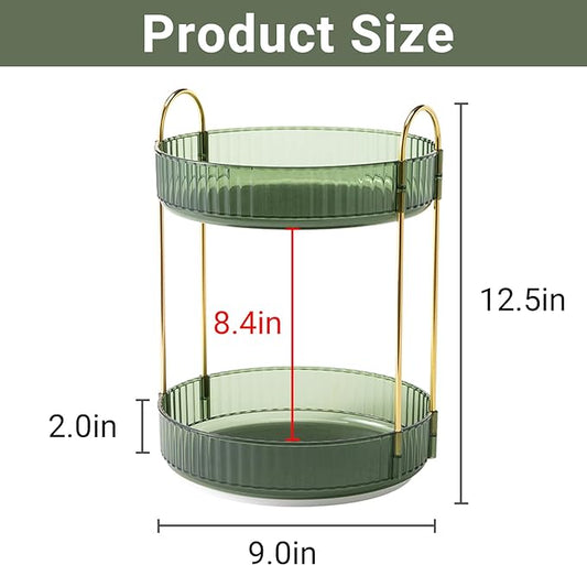 Asayuee 360 Rotating Makeup Organizer for Vanity,2 Tier Large Capacity Skincare Organizers,Bathroom Counter Organizer, Spinning Perfume Organizer & Vanity Organizer (Green-2 Tier)