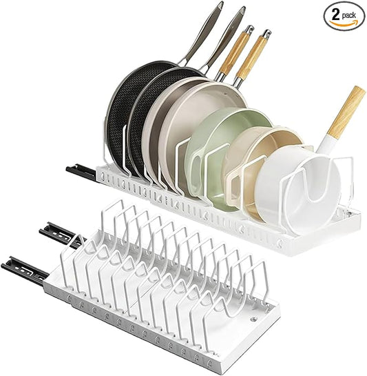 Mnftive pots and pans organizer under cabinet,pot lid organizers inside cabinet holders for kitchen,Horizontal and vertical pulling modes,cast iron storage ((2pcs) White vertical)