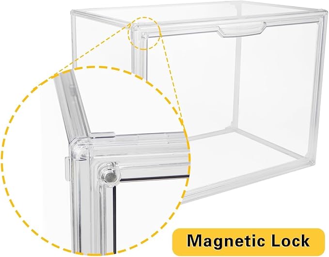 GUDEMAY Clear Stackable Plastic Storage Bins with Magnetic Lid, Dustproof Book & Cosmetic Display Cases, Large Figures Collectibles Showcase, Shoe Box, Protection Organizer (L, Count, 3)