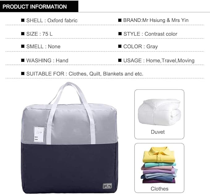 75L Large Zipper Comforter Storage Bag, Folding Blanket Storage Bag with Reinforced Handle, Under-Bed Storage for Bedding, Clothes, Pillows, Grey