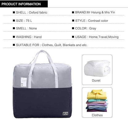 75L Large Zipper Comforter Storage Bag, Folding Blanket Storage Bag with Reinforced Handle, Under-Bed Storage for Bedding, Clothes, Pillows, Grey
