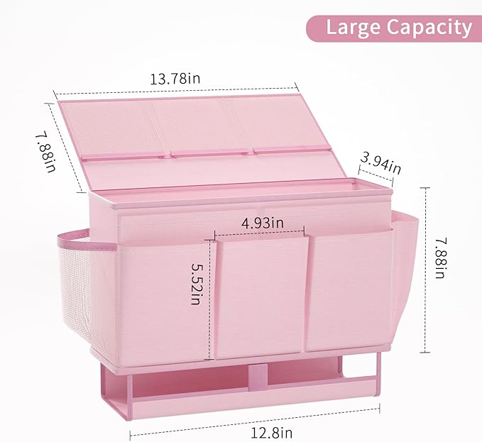 Frjjthchy Bedside Caddy, Bed Organizer with 11 Pockets and Power Strip Holder, Versatile Bedside Storage Caddy for Home,Dorm,Bunk,Hospital,Crib Bed (2 Pack Pink)