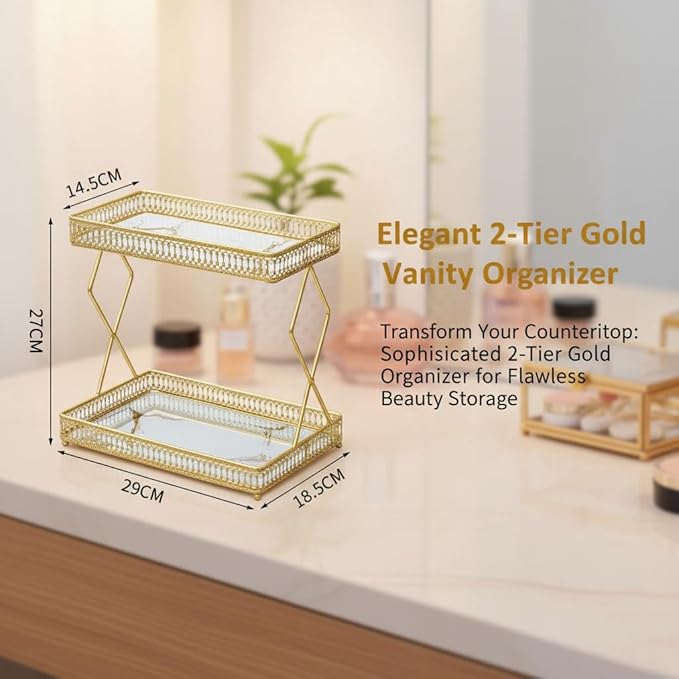 MLVOC Makeup Organizer Countertop, Gold Skincare Organizer, Durable Metal Storage for Bathroom or Bedroom Vanity, Tall Spacious Design for Large Bottles