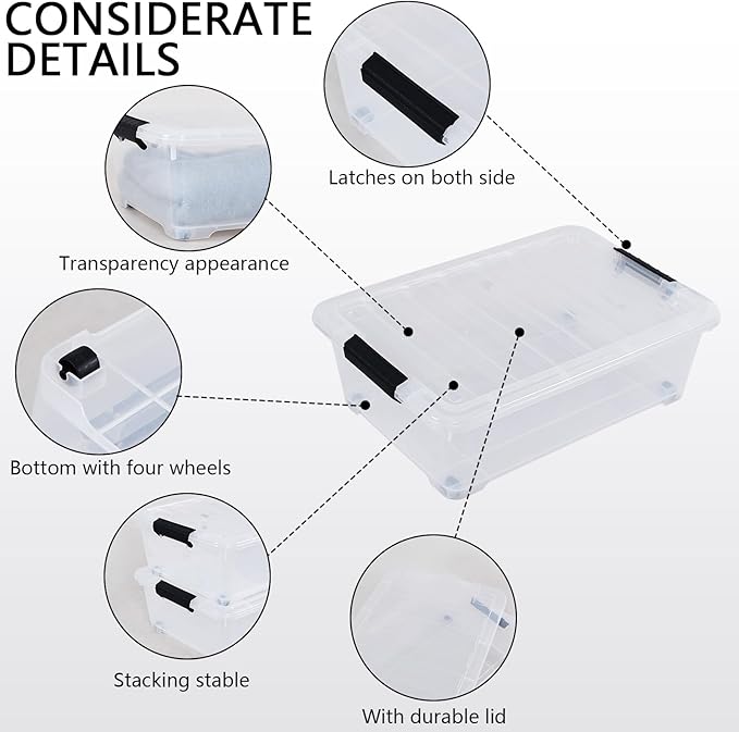 Feicanhao 4-Pack 20 L Plastic Under Bed Storage Container with Lids, Underbed Clear Organizer Bin with Wheels