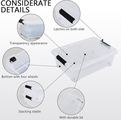 Feicanhao 4-Pack 20 L Plastic Under Bed Storage Container with Lids, Underbed Clear Organizer Bin with Wheels