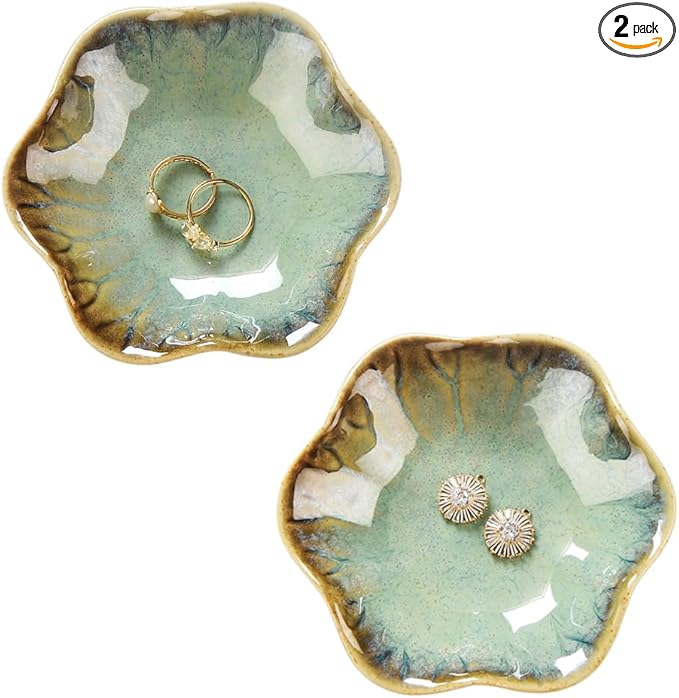 JAMEND CLXP 2PCS Ring Holder Dish, Small Key Bowl, Ceramic Trinket Tray Jewelry Dish Organizing Necklace Earrings for Mom Friend Sister, All Jewelries Are NOT Included. Crystal Green.