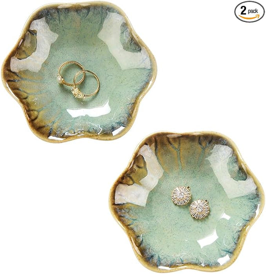 JAMEND CLXP 2PCS Ring Holder Dish, Small Key Bowl, Ceramic Trinket Tray Jewelry Dish Organizing Necklace Earrings for Mom Friend Sister, All Jewelries Are NOT Included. Crystal Green.